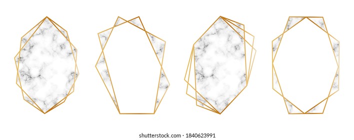 Gold geometric frames with marble inserts. Set of golden frames or borders for wedding invitations with marble texture. Luxury abstract elements for marriage invitations in art deco style. Vector.