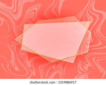 Gold geometric frames on coral color marble background. Decorative coral pink gold elements for branding, card, invitation. Luxury, art deco style for wedding invitation.