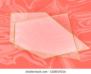 Gold geometric frames on coral color marble background. Decorative coral pink gold elements for branding, card, invitation. Luxury, art deco style for wedding invitation.