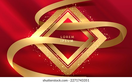 Gold geometric glowing luxury abstract background. Golden shiny shapes with ribbon design. Modern light celebrity glitter invitation card vector.