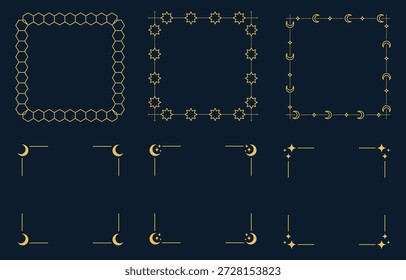 Gold Geometric Islamic Voll- und Eckrahmen Set mit Hexagonen, Sternen und Halbmonden für minimalistisches Ramadan Grußkartendesign