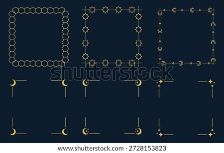 Gold Geometric Islamic Full and Corner Frames Set featuring Hexagons, Stars and Crescent Moons for Minimalist Ramadan Greeting Card Design