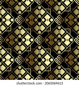 Patrón sin fisuras de líneas geométricas doradas. Lujoso fondo vectorial moderno. Repetir el fondo Deco. Ornamento tribal de estilo griego étnico con formas geométricas, líneas, cuadrados, rhombus. Llave griega, serpenteantes.