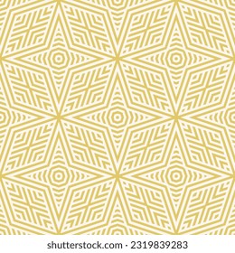 Gold geometric lines seamless pattern. Simple vector texture with stripes, stars, triangles, rhombuses, chevron. Abstract golden linear graphic background. Retro style ornament. Luxury repeat design