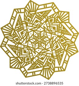 Gold geometric mandala design featuring sharp angular lines and repetitive symmetrical patterns for modern luxury decor and branding.