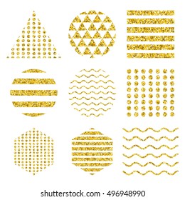Gold geometric minimalist design elements. Gold stickers for decoration holidays. Design for Christmas and New Year. Flat vector cartoon illustration. Objects isolated on a white background.