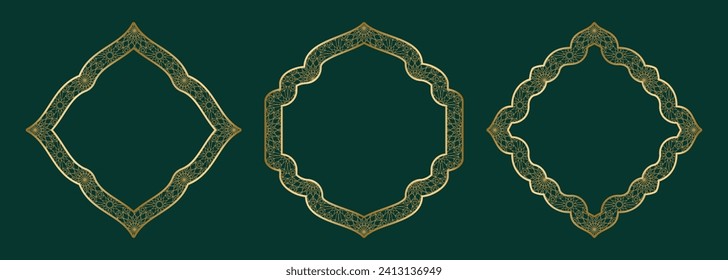 Gold geometric ornamental frame, round and square shapes Islamic window with girikh pattern, silhouette Arabic rhombus. Luxury set in oriental style. Frames in Arabic Muslim design vector illustration