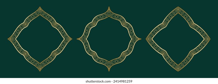 Goldener geometrischer Zierrahmen, runde und quadratische Formen islamisches Fenster mit girikh Muster, Silhouette arabischer Rhombus. Luxus im orientalischen Stil. Rahmen in arabisch-muslimischer Design, Vektorgrafik