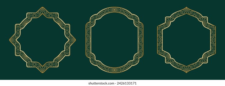 Gold geometric ornamental frame, square shapes Islamic window with girikh pattern, silhouette Arabic rhombus. Luxury set in oriental style. Frames in Arabic Muslim design vector illustration