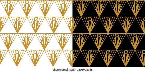 Patrones dorados geométricos ornamentales sin costura sobre un fondo blanco y negro. Art Deco, estilo vintage, vector dibujado a mano.