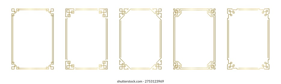 Gold geometric photo frame set. Golden glowing rectangle boarder and vintage elegant decorative elements for wedding invitations. Vector illustration isolated on white background