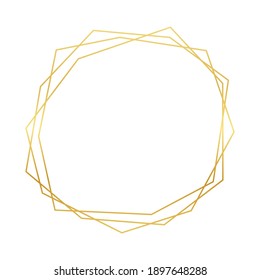 Gold geometric polygonal frame with shining effects isolated on white background. Empty glowing art deco backdrop. Vector illustration.