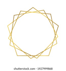Goldener geometrischer polygonaler Rahmen mit glänzenden Effekten einzeln auf weißem Hintergrund. Leere, leuchtende Art-Deco-Hintergrund. Vektorgrafik.