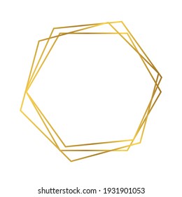 Gold geometric polygonal frame with shining effects isolated on white background. Empty glowing art deco backdrop. Vector illustration.