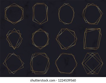 Gold geometric polygonal frames. Decorative lines borders. Luxury design elements for wedding invitation, blog posts, banner, celebration, card, save the date, poster, flyer

