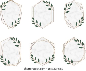 Goldene geometrische Rahmen aus polygonalem Marmor mit botanischen Blättern. Luxusdesign-Elemente 