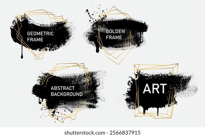 Gold geometric polyhedron, brush strokes art deco style for wedding invitation, luxury templates. Brush stroke abstract elements, decorative patterns. Vector illustration golden geometric brush stroke