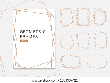 Gold geometric polyhedron frames collection. luxury templates art deco style for wedding invitation. Decorative patterns modern abstract elements. Vector illustration