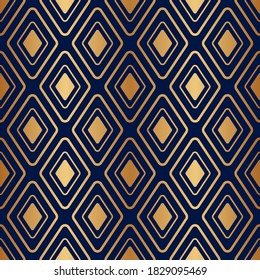 Goldenes geometrisches nahtloses Muster. Abstrakter blauer Hintergrund mit goldenen Quadraten. Moderne, stilvolle Textur. Geometrisches Design für Druckgewebe, Deckel, Geschenkverpackung, Tapete, Textilien, Teppich. Vektorgrafik 