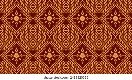 Gold geometric seamless pattern on dark red background, folk pattern Unique Thai pillow pattern for textiles, clothing, bags, sarongs