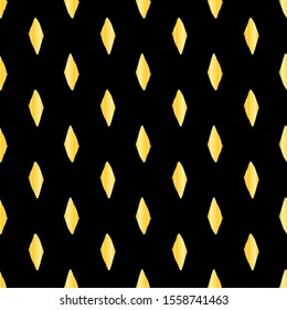 Gold geometric seamless pattern with rhombuses on black background. Abstract texture in hand drawn style for fabric, textile print, Wallpaper design, wrapping paper. Vector stock illustration
