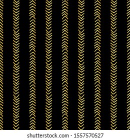 Gold geometric seamless pattern with triangles, lines on black background. Abstract texture in hand drawn style for fabric, textile print, Wallpaper design, wrapping paper. Vector stock illustration