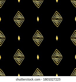 Gold geometric seamless pattern with triangles, rhombuses on black background. Abstract texture in hand drawn style for fabric, textile print, Wallpaper design, wrapping paper. Vector illustration