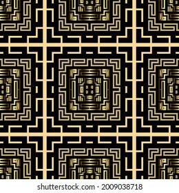 Gold geometric seamless pattern. Tribal ethnic background. Repeat vector backdrop. Plaid tartan ornaments. Abstract decorative ornate design with greek key, meanders, shapes, stripes, squares, frames.