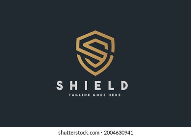 Forma geométrica de oro Letra inicial Símbolo Escudo S aislado en fondo negro. Logotipo de seguridad. Ilustración vectorial.
