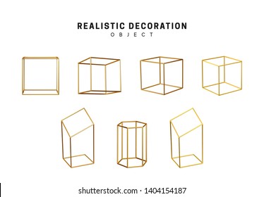Gold geometric shapes. Golden decorative design elements isolated on white background. Bronze metallic silhouettes. 3d objects shaped linear square, cube empty. Realistic vector illustration.
