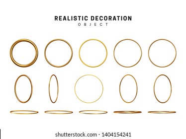 Gold geometric shapes. Golden decorative design elements isolated on white background. bronze metallic silhouettes. 3d objects shaped yellow round rings of different thickness. vector illustration.