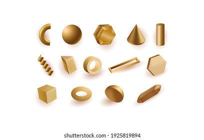Gold geometric shapes set. Square balls with semicircles and with metal stripes and rectangular frames cones polygons and linear vector cylinders.