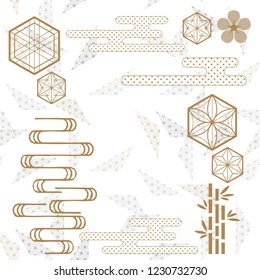 Plantilla geométrica de oro con fondo de patrón japonés. Iconos vectorial plano.