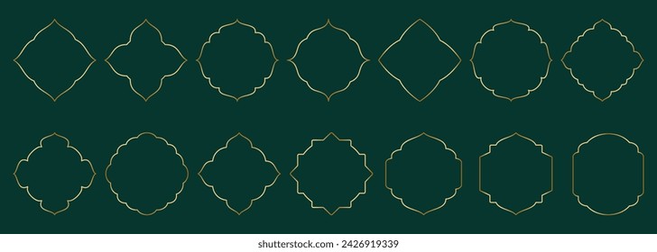 Gold geometric thin frame, round and square shapes Islamic window, arabesque Arabic rhombus. Luxury set in oriental style. Frames in Arabic Muslim design vector illustration