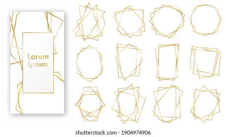 Gold Geometric Wedding Invitation Frames. Geometrical Polyhedron, Art Deco Style For Wedding Invitation