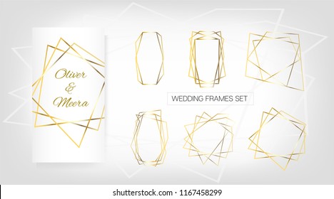 Gold Geometric Wedding Invitation, Set of Luxury Frames. Vector Border Collection for Birthday, New Year, Christmas Card. Glitter Gradient Rich Gold Background, Sale, Wedding Card. Polygon Borders Set