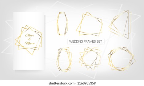 Gold Geometric Wedding Invitation, Set of Luxury Frames. Vector Congratulation Card for Birthday, New Year, Christmas. Glitter Gradient Rich Gold Background, Sale, Wedding Card. Polygon Package Set