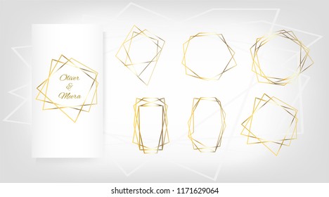 Gold Geometric Wedding Invitation, Set of Luxury Frames. Vector Border Collection for Birthday, New Year, Christmas Card. Sparkle Gradient Rich Golden Ads, Wedding Card Background. Polygon Package Set