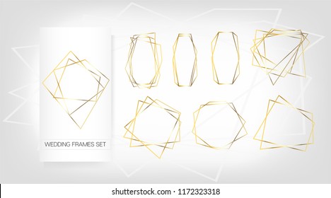 Gold Geometric Wedding Invitation, Set of Luxury Frames. Vector Congratulation Card for Birthday, New Year, Christmas. Sparkle Gradient Rich Golden Ads, Wedding Card Background. Polygon Borders Set