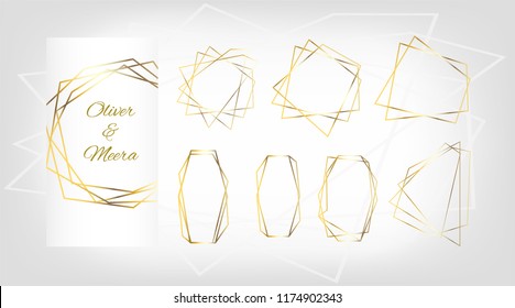 Gold Geometric Wedding Invitation, Set of Luxury Frames. Vector Border Collection for Birthday, New Year, Christmas Card. Geometric Premium Gold Glitter Background, Wedding Cards. Polygon Borders Set