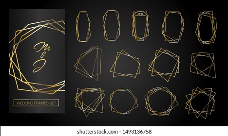 Gold Geometric Wedding Invitation, Set of Luxury Frames. Vector Border Collection for Birthday, New Year, Christmas Card. Geometric Premium Gold Glitter Background, Wedding Cards. Polygon Borders Set