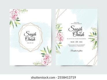 Gold geometric wedding invitation templates with floral and splash watercolor