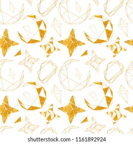 Gold geometrical texture background with stars and moons Vector illustration Metallic seamless pattern