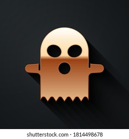 Gold Ghost icon isolated on black background. Happy Halloween party. Long shadow style. Vector