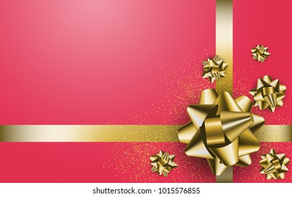 Gold gift bow on the red box background. Birthday, Valentine's Day, Mother's Day, Women's Day present decoration. Stock vector