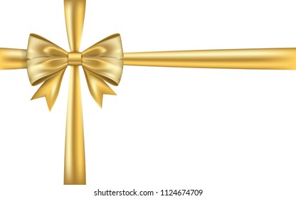 Gold gift bow ribbon. Golden bow tie isolated on white background. 3D shiny gift bow tie for Christmas present, holiday decoration, birthday. Silk ribbon for invitation Vector illustration