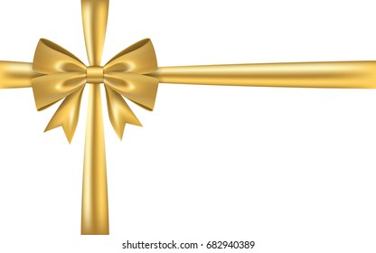 Gold gift bow ribbon. Golden bow tie isolated on white background. 3D shiny gift bow tie for Christmas present, holiday decoration, birthday. Silk ribbon for invitation Vector illustration