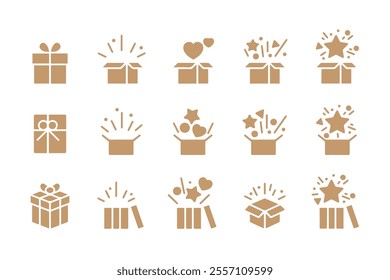 Gold gift box confetti explosion icon. set of opened gift boxes with confetti, balloons, hearts, fireworks and other surprise elements isometric icons.