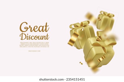 Gold gift box decorative festive object with golden bows and gold sequins confetti on white background