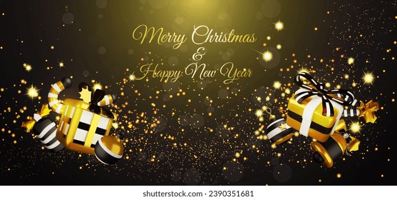 Gold gift box with golden bokeh and concept christmas background.Vector illustration